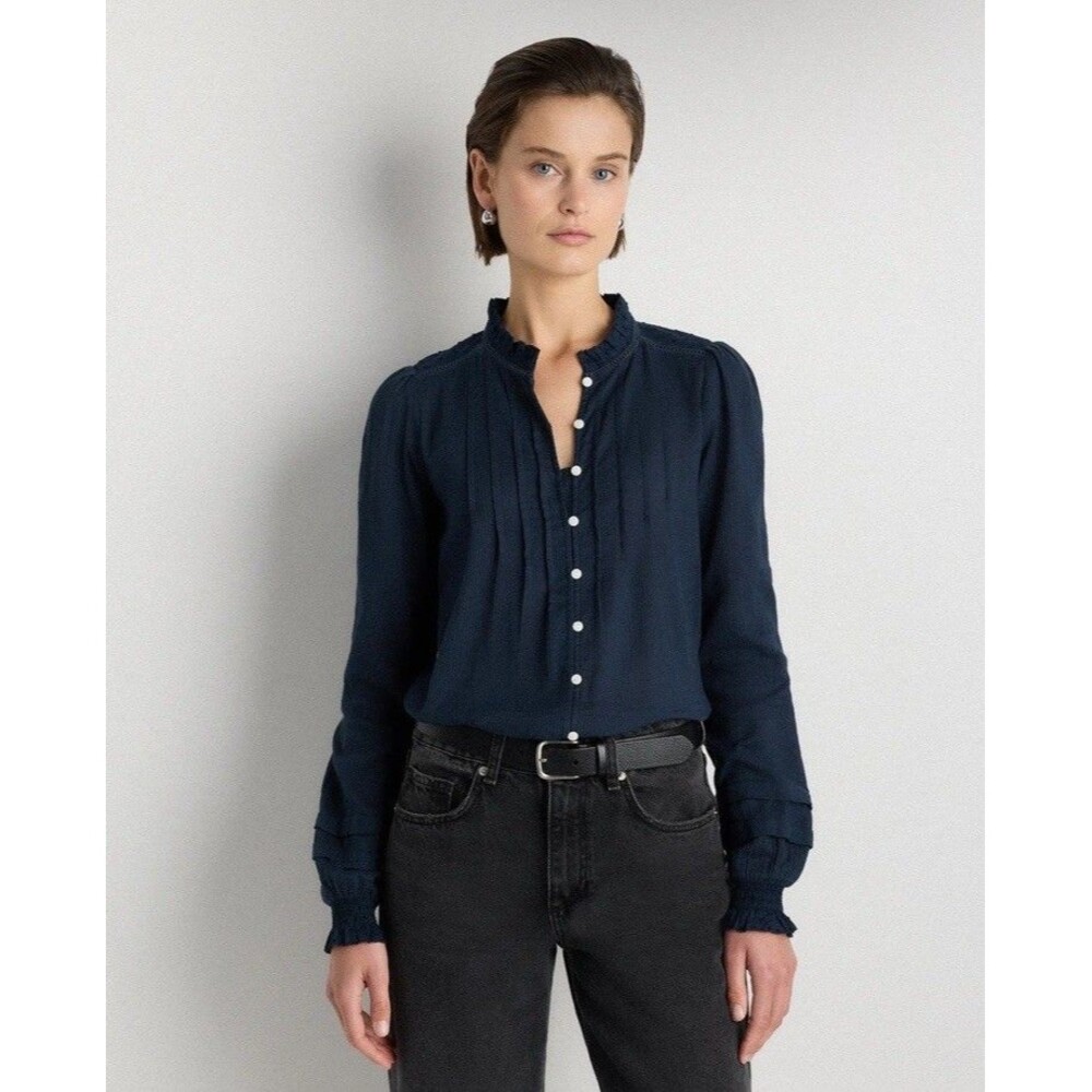 Quince Women Organic Textured Cotton Peasant Blouse Size Large Navy Sleeved Top